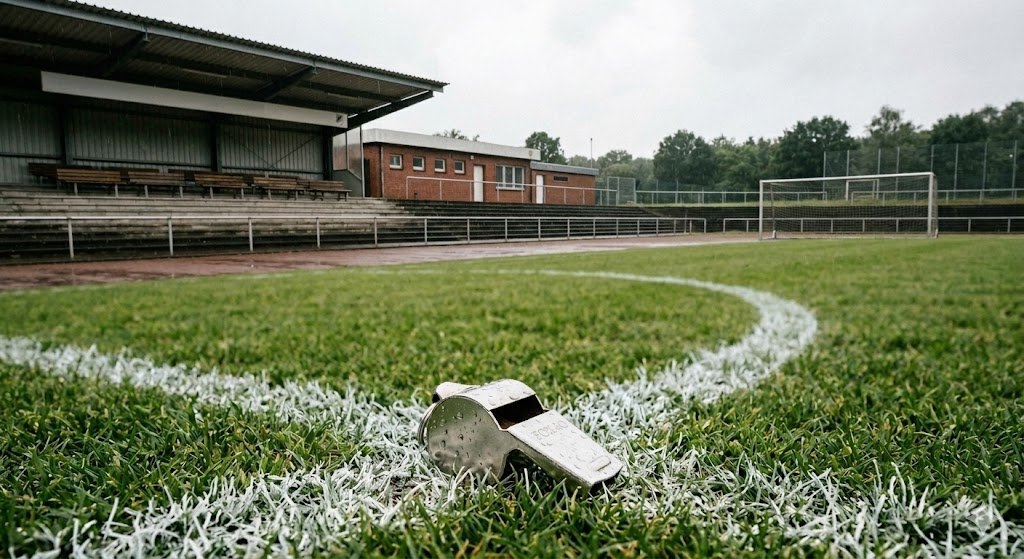 Referee whistle resting on the white line of a centre circle, with an empty stand of a German amateur ground in the background, rain-soaked grass