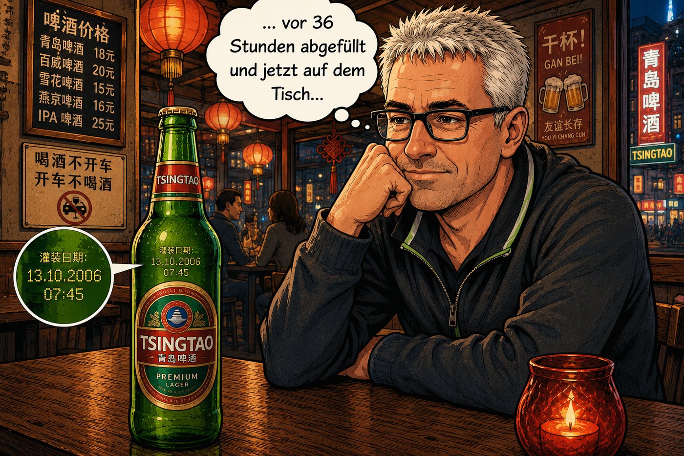 Tsingtao-Flasche mit Abfülldatum 13.10.2006 07:45 vor einem nachdenklichen Stefan Sack in einer Bar in Shenzhen